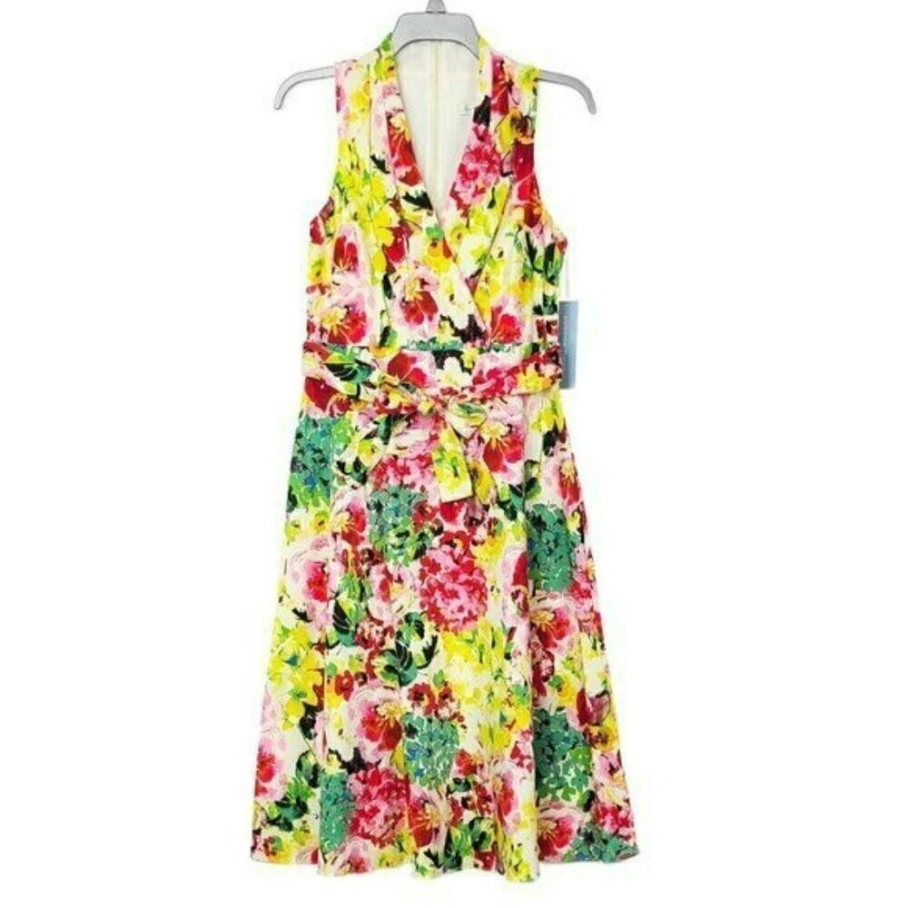 New!  London Times Women's Cotton Blend Floral Belted Fit & Flare Midi Dress - Picture 4 of 8